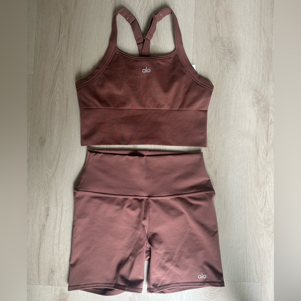 ALO Yoga Mauve Brown Two-Piece Set - Sports Bra & High-Waist Shorts